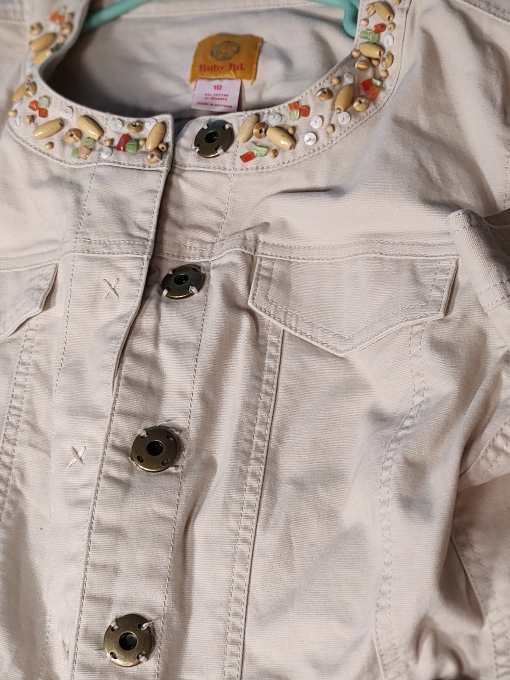 Ruby Rd. Cream Jean Jacket with Beaded Collar Accents